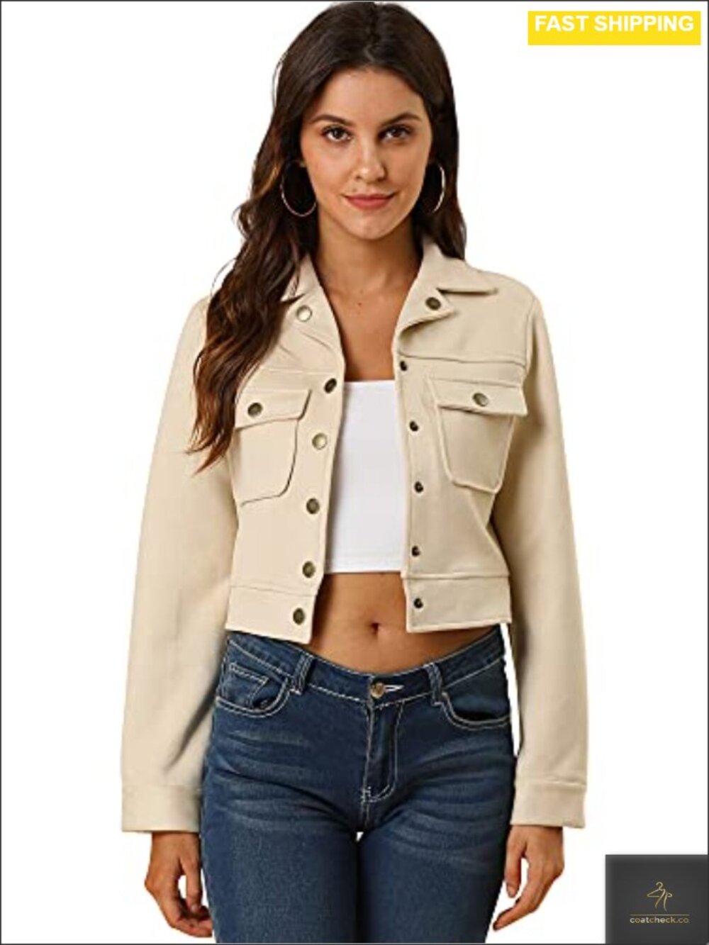 Faux Suede Cropped Button Down Jacket Collar Crop Outerwear